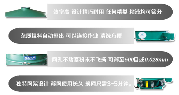 直徑1000mm振動(dòng)篩的特點(diǎn)：效率高，設(shè)計(jì)精巧耐用，任何精類(lèi)，粘液均可篩分，雜質(zhì)粗料自動(dòng)排出，可以連接作業(yè)，清洗方便。網(wǎng)孔不堵塞粉末不飛揚(yáng)，可篩至500目或0。028mm篩網(wǎng)使用長(zhǎng)久，換網(wǎng)只需3-5分鐘。