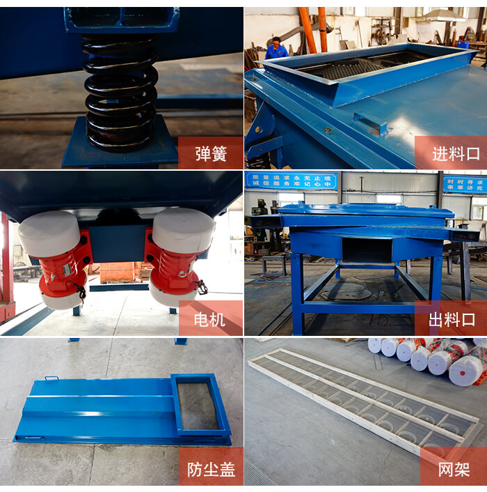 1035直線振動篩細節(jié)展示：出料口，振動彈簧，振動電機，進料口。