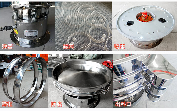 細(xì)節(jié)展示：篩框，篩網(wǎng)，振動底座，振動體，出料口。