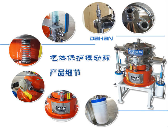 氣體保護振動篩細節(jié)：振動彈簧，手動閥門，料罐等。